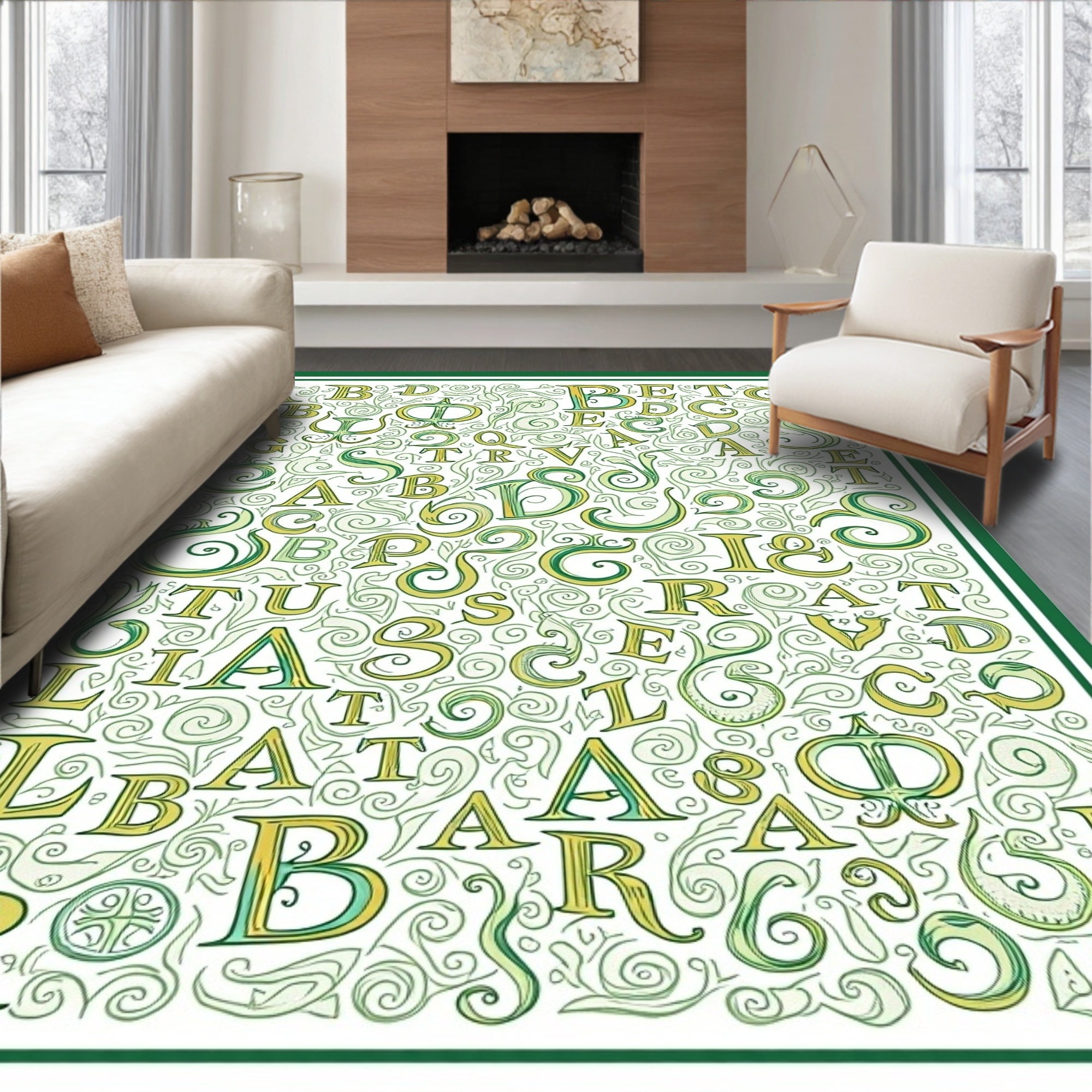 Vintage Green Alphabet Calligraphy Rug