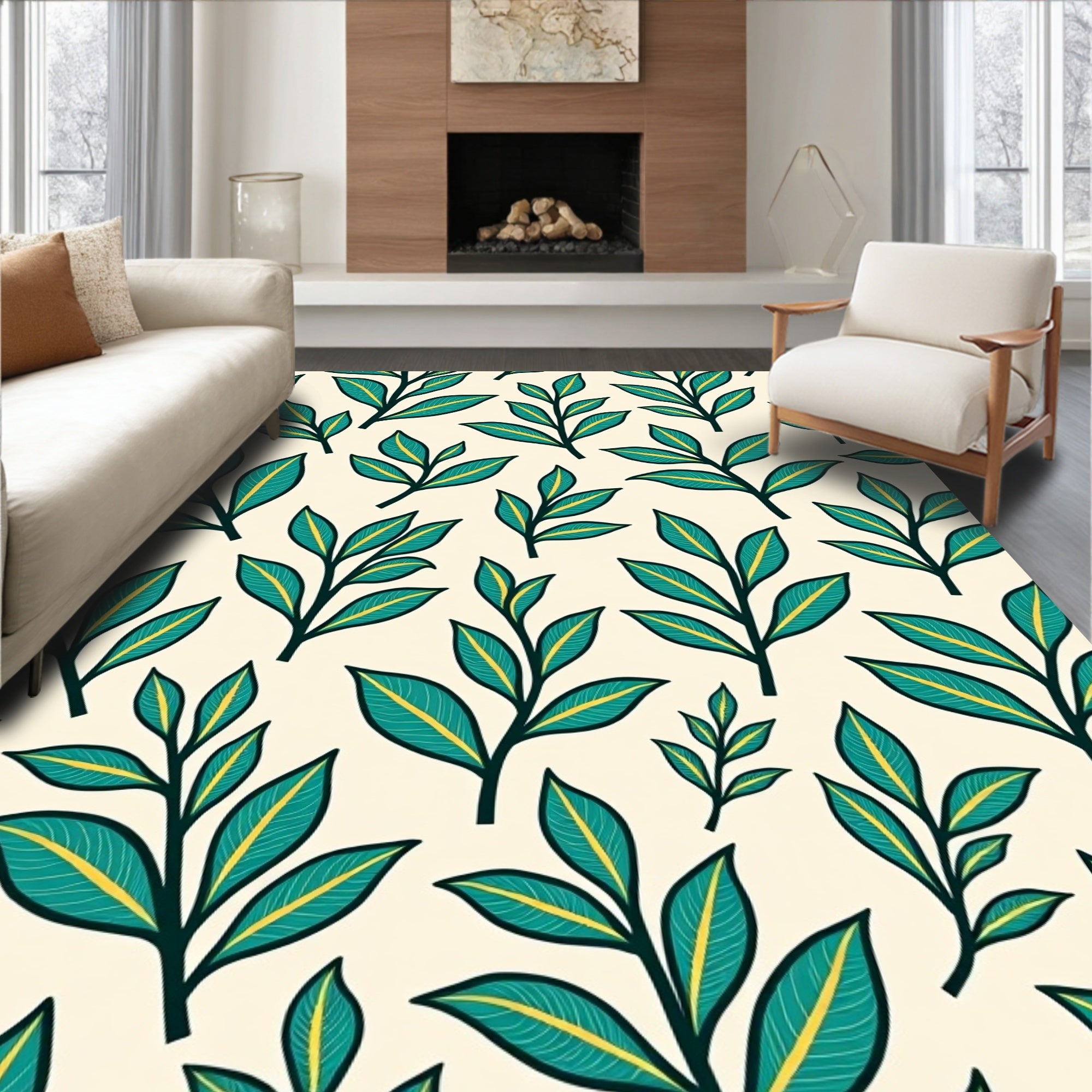 Teal Leafy Branch Botanical Print Rug