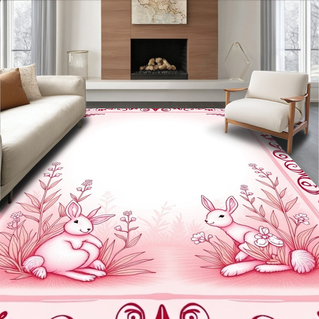 Whimsical Pink Bunny Meadow Scene Rug