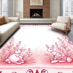 Whimsical Pink Bunny Meadow Scene Rug