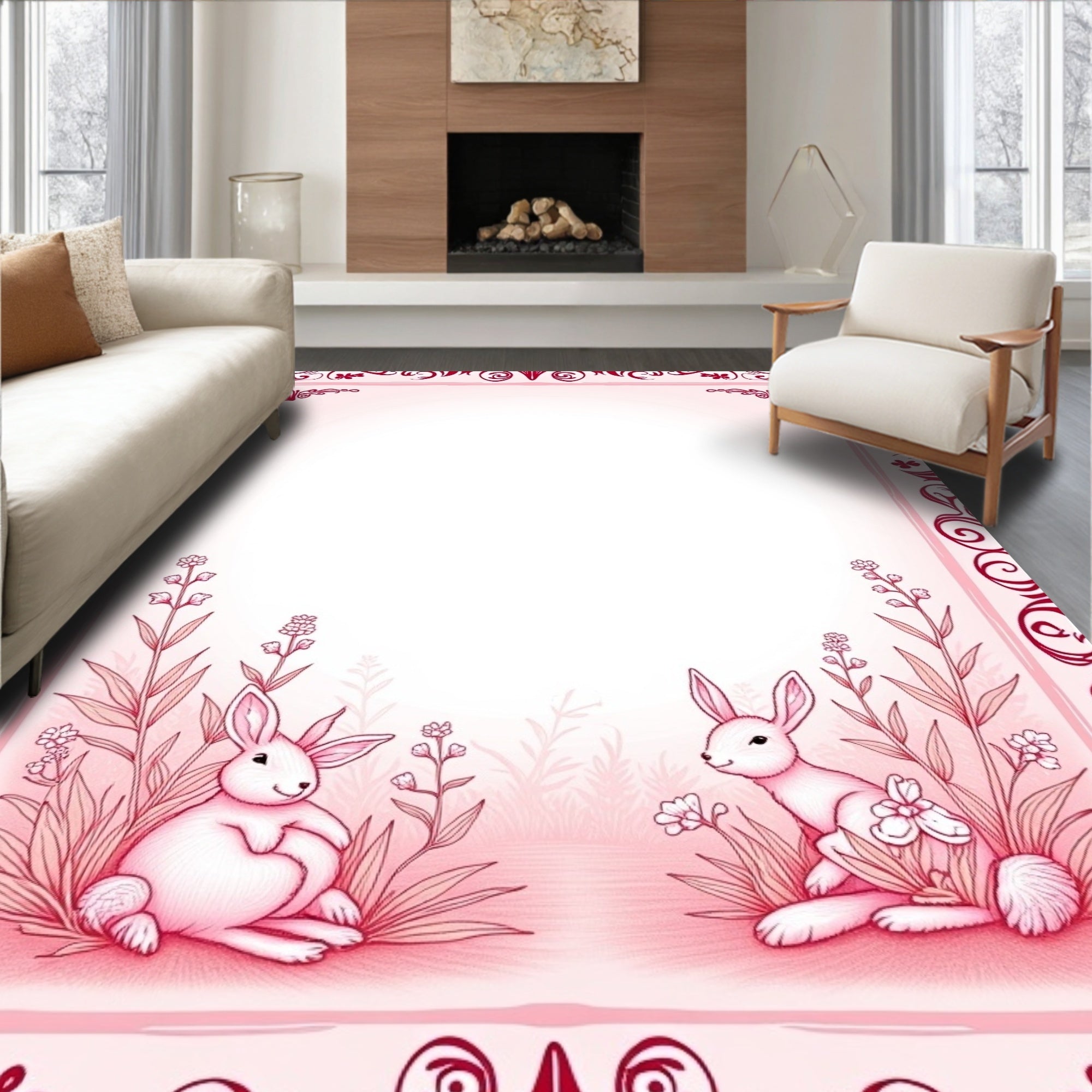 Whimsical Pink Bunny Meadow Scene Rug