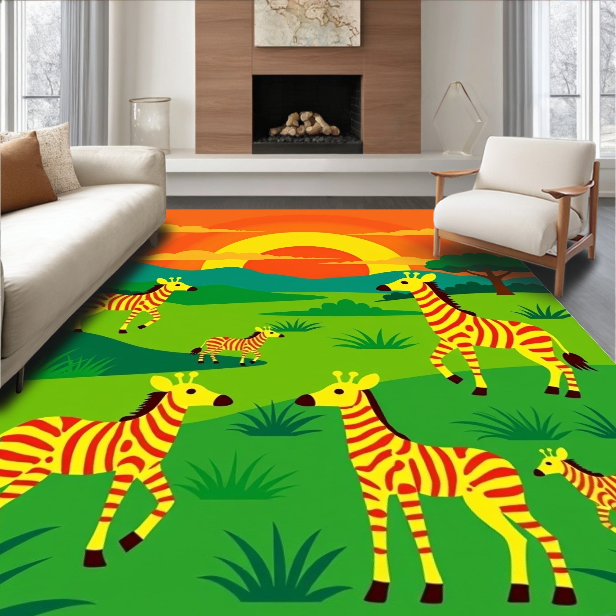 Yellow Red Striped Zebras Safari Sunset Rug