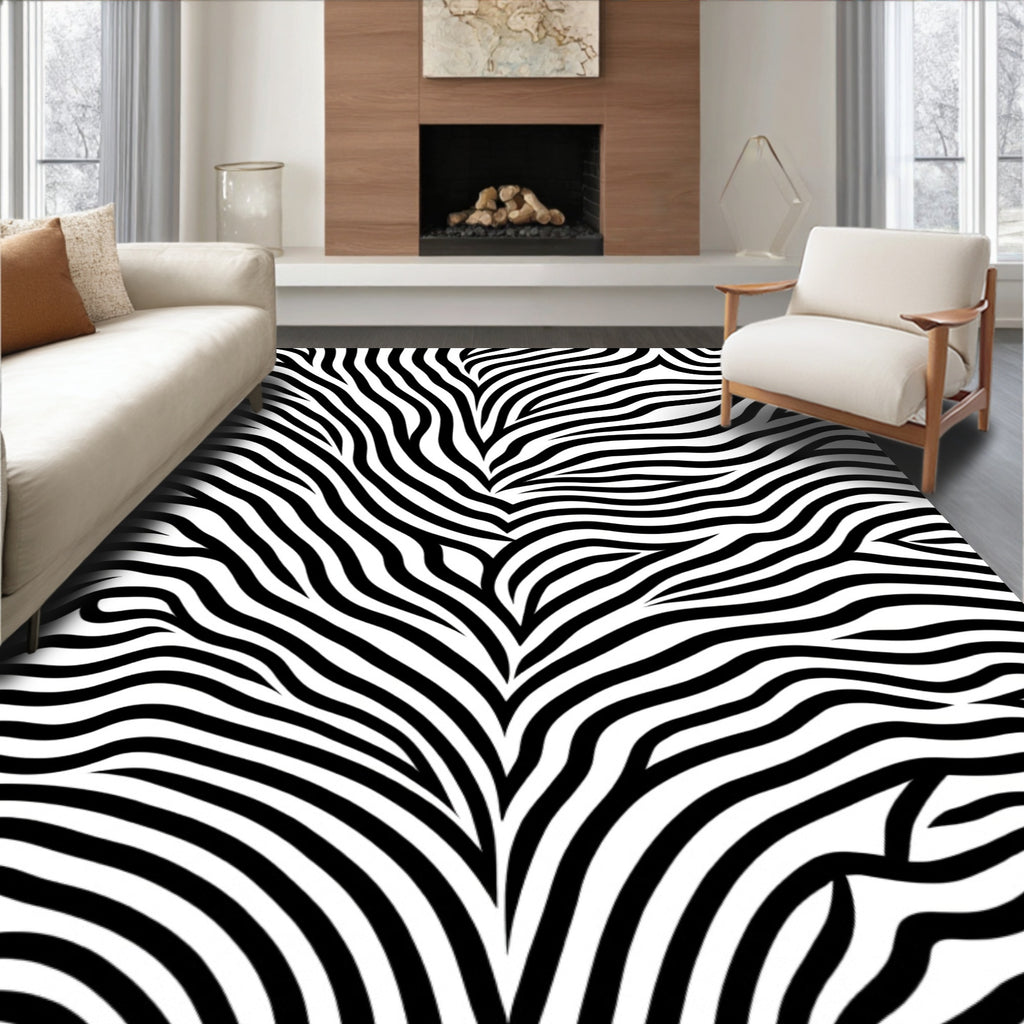 Bold Black White Organic Waves Rug