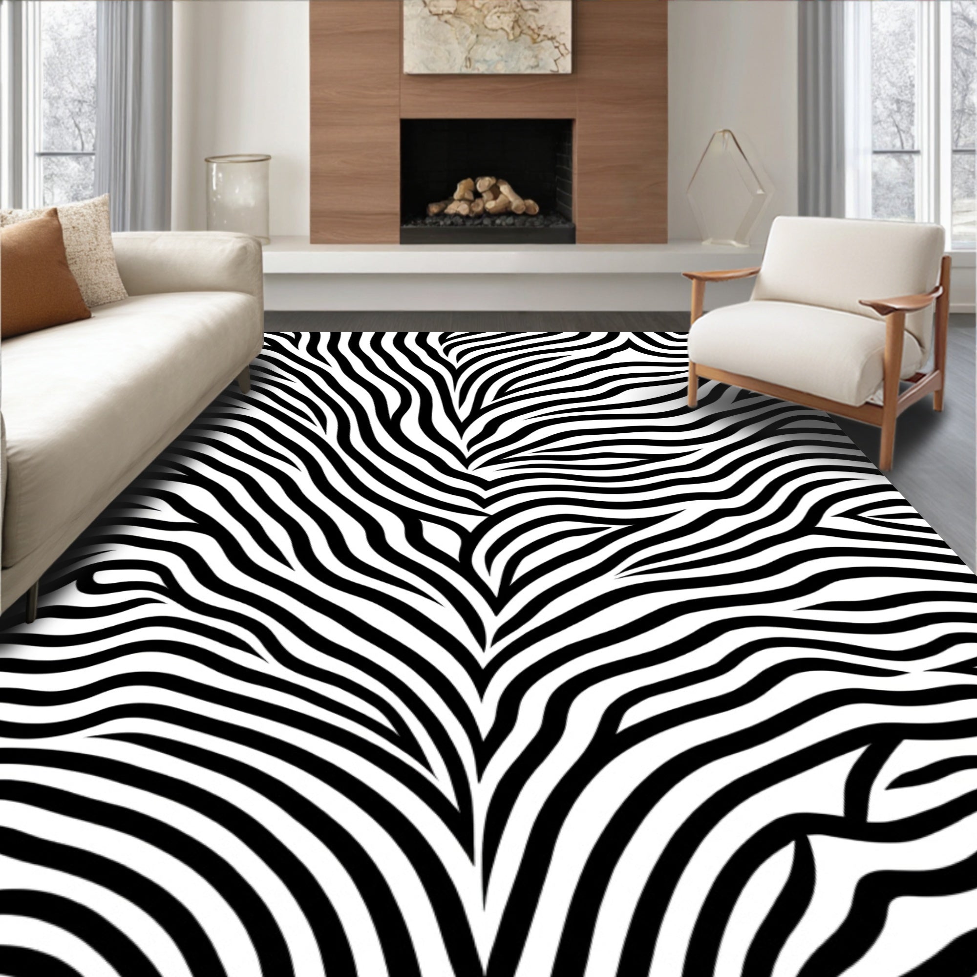 Bold Black White Organic Waves Rug