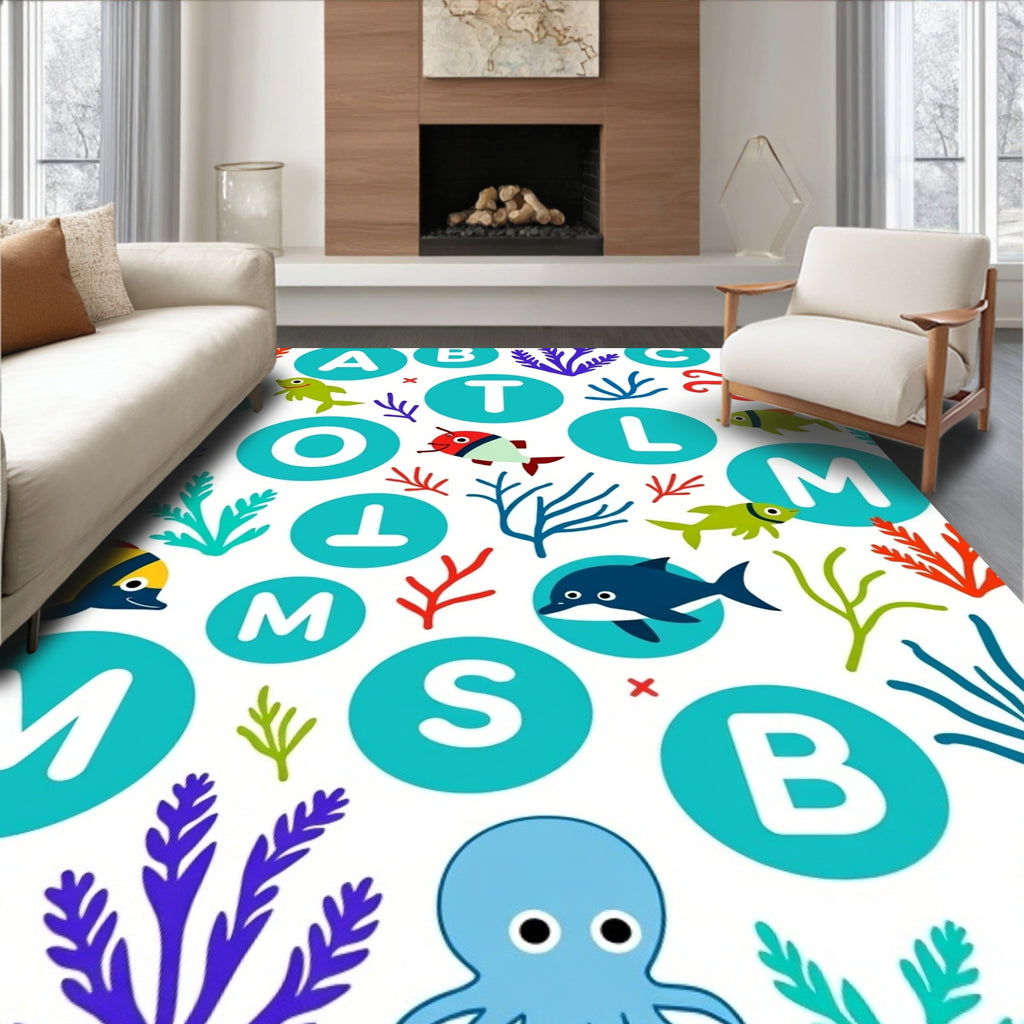 Ocean Alphabet Whimsical Marine Life Rug