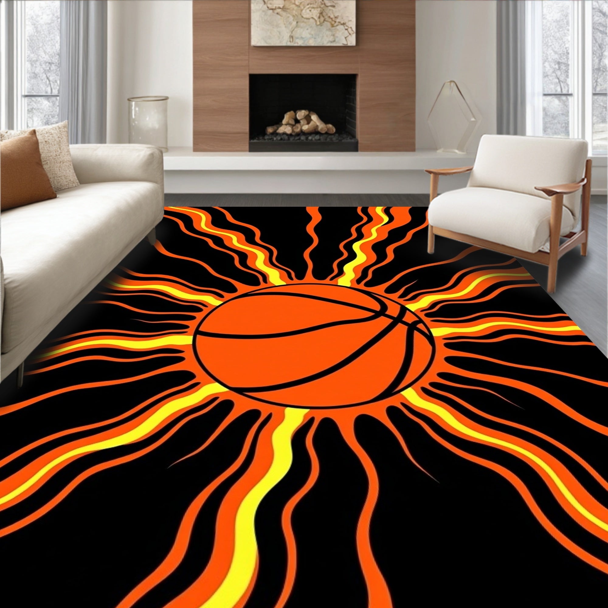 Vibrant Orange Basketball Sunburst Rug
