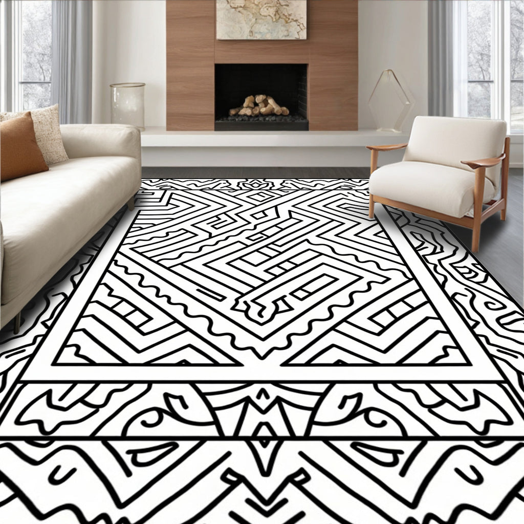 Bold Outline Geometric Labyrinth Border Rug