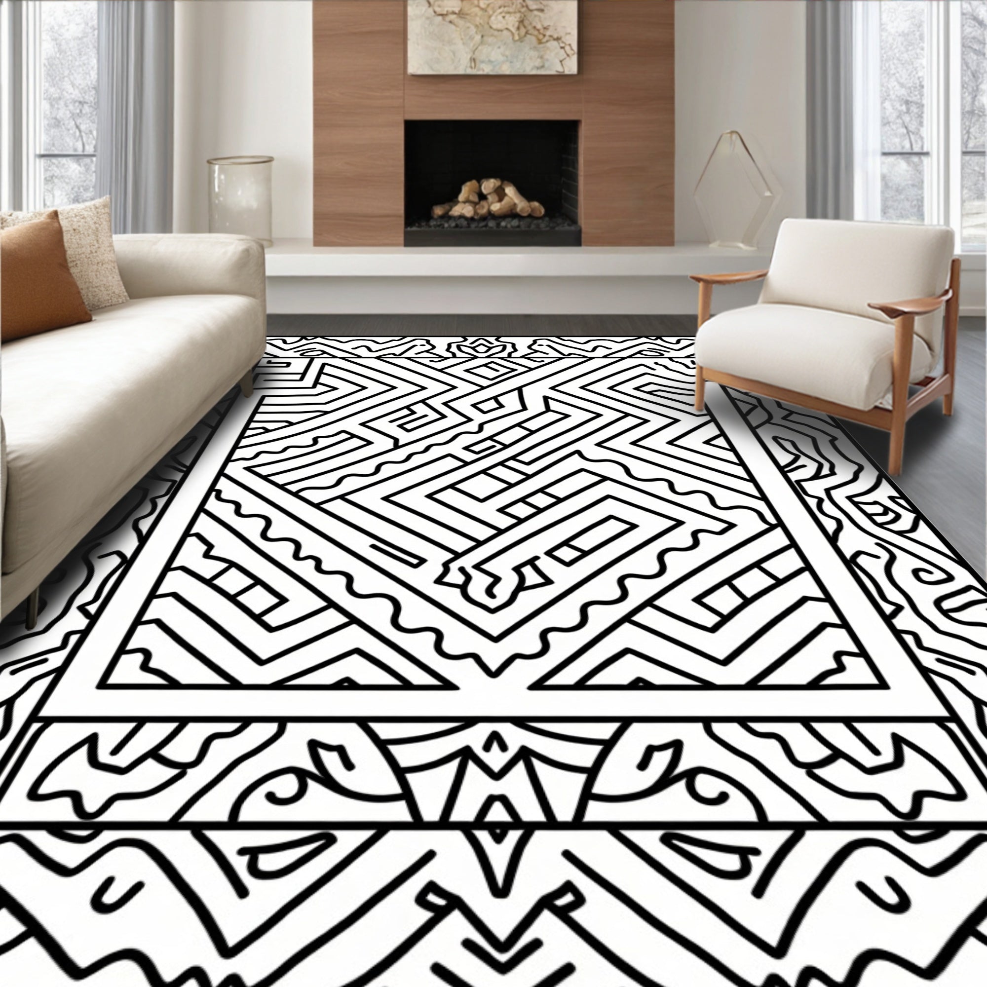 Bold Outline Geometric Labyrinth Border Rug