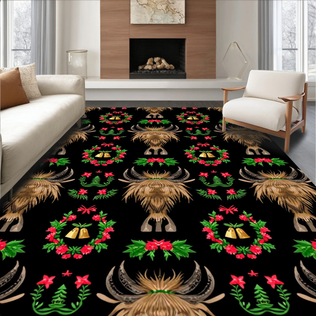 Highland Cow Christmas Wreath Bells Rug