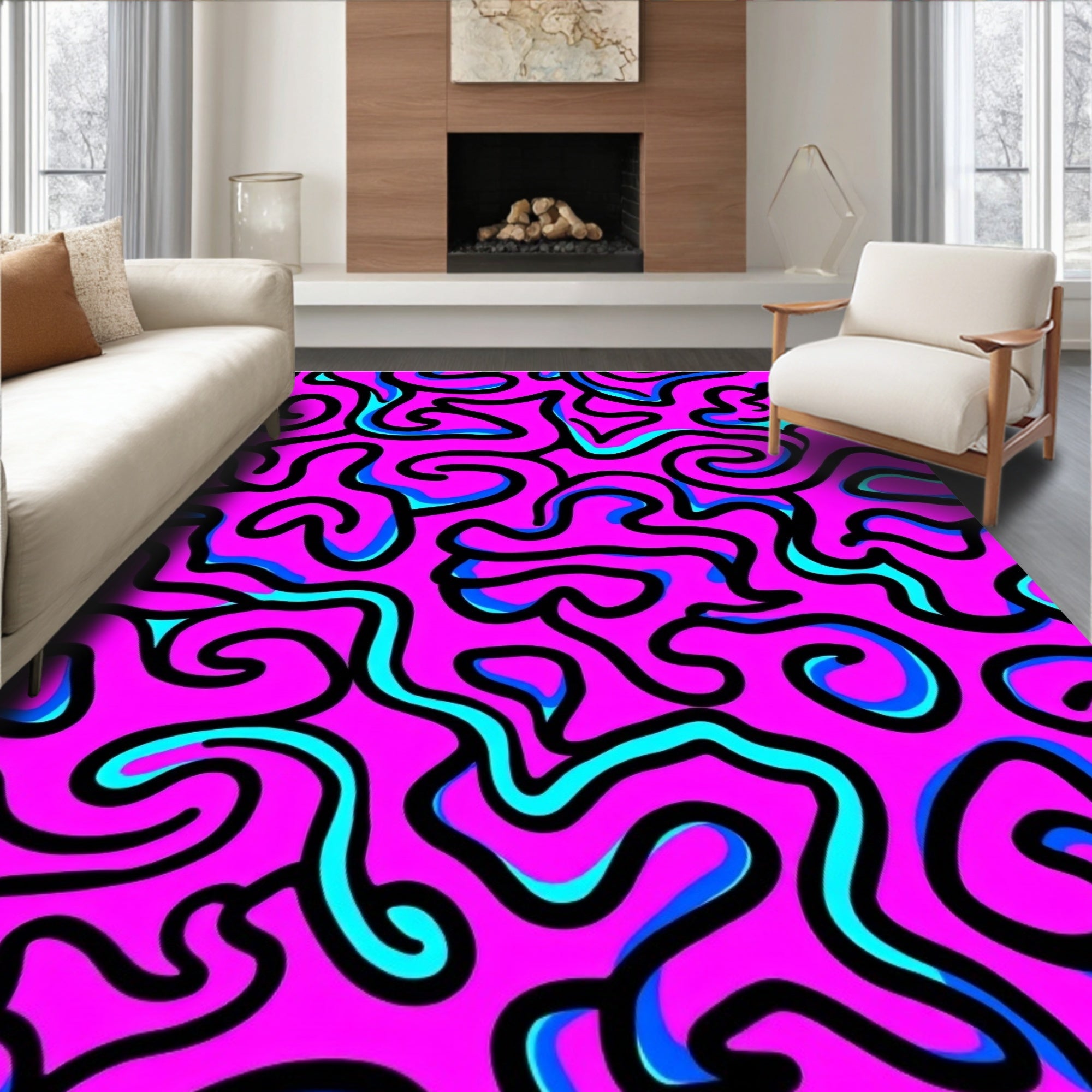 Vibrant Pink Swirls Abstract Maze Rug