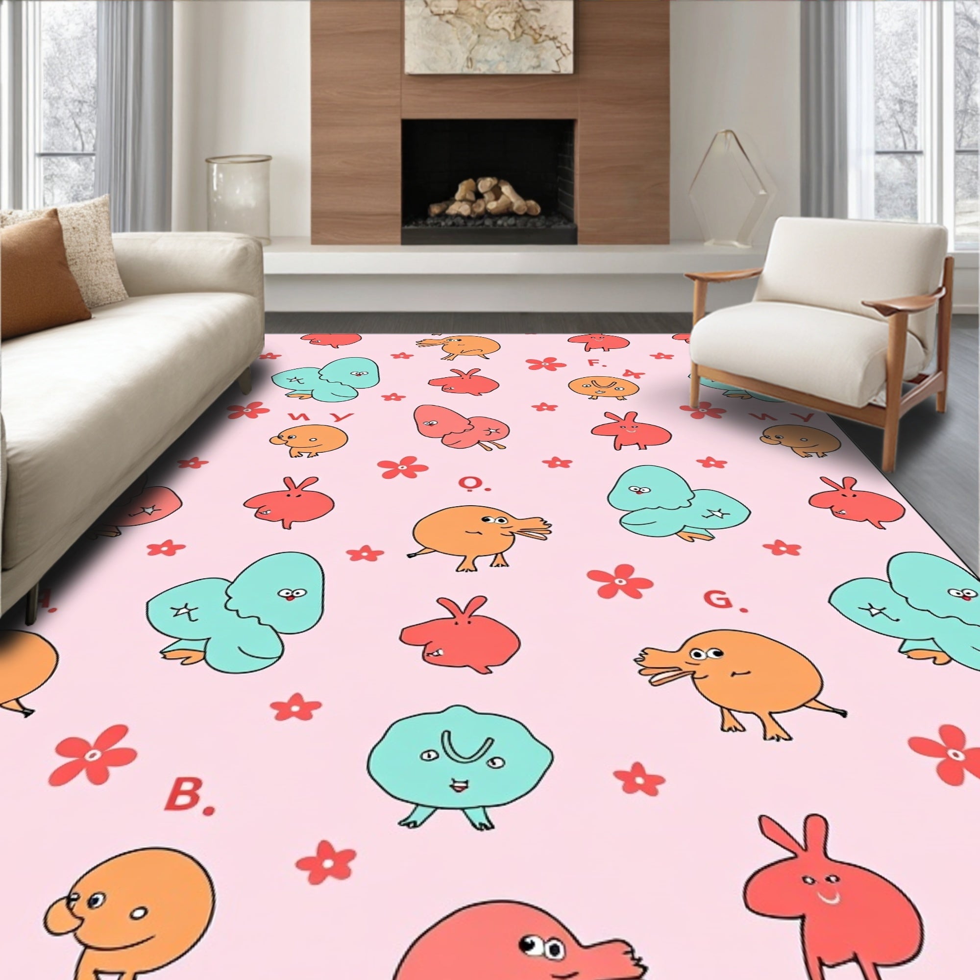 Playful Pink Cartoon Critter Meadow Rug