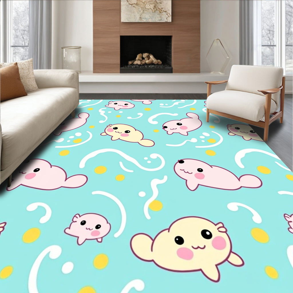 Cute Pink and Yellow Seals Water Pattern Rug