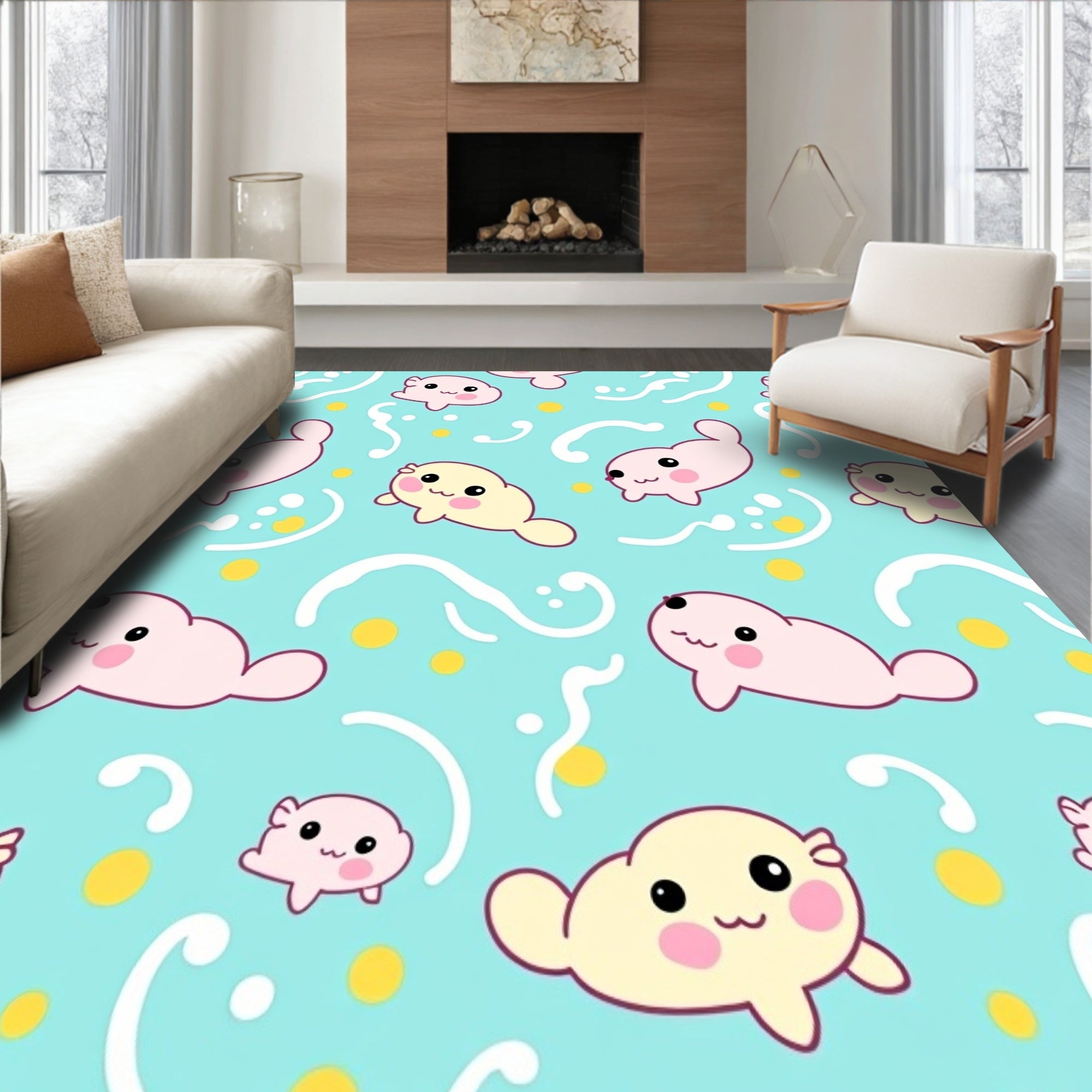 Cute Pink and Yellow Seals Water Pattern Rug