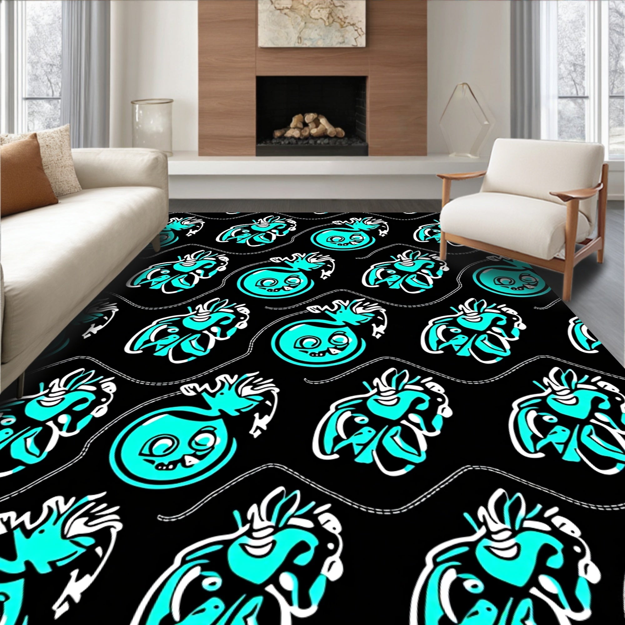 Vibrant Teal Cartoon Heart Swirls Rug