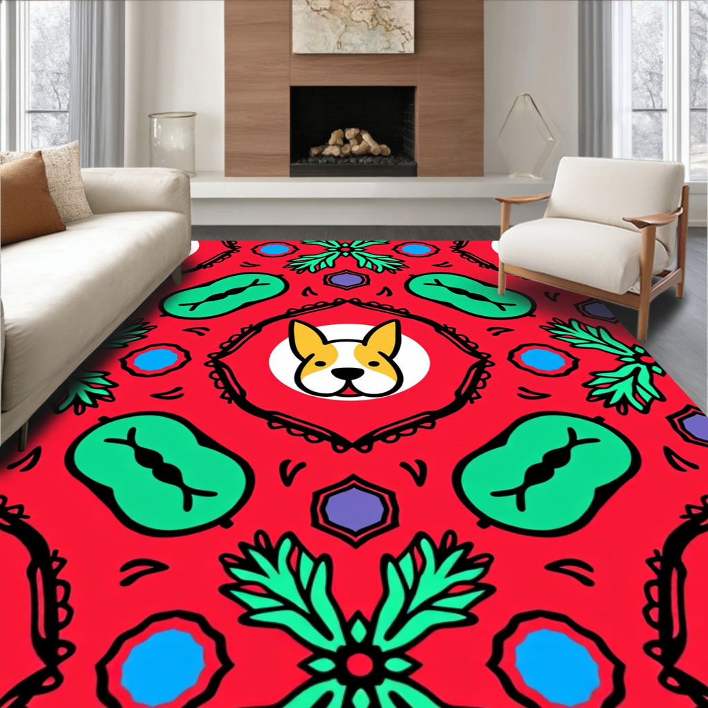 Whimsical Red Corgi Floral Medallion Rug
