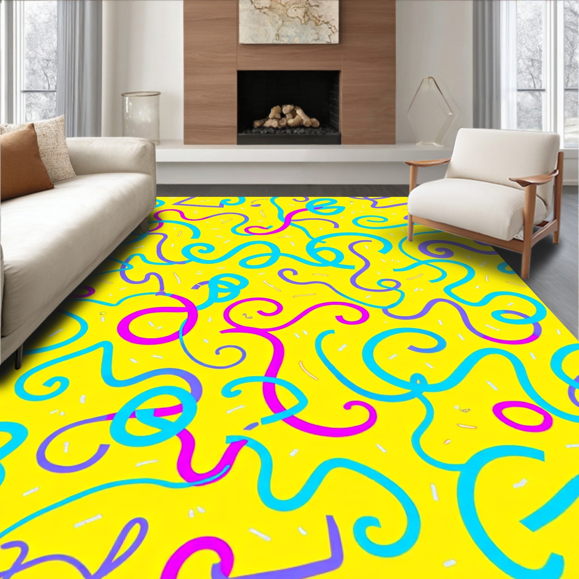 Bright Yellow Swirling Confetti Lines Rug