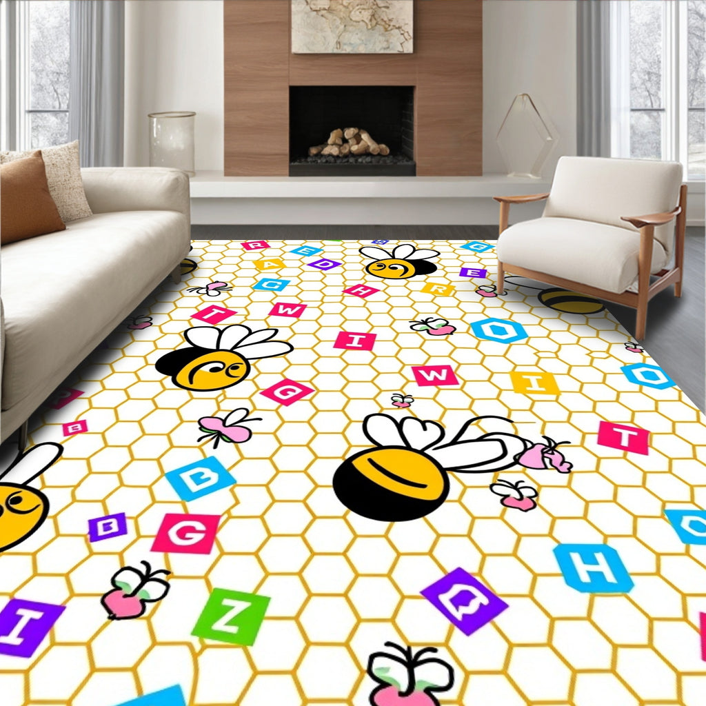 Whimsical Bees Honeycomb Alphabet Rug