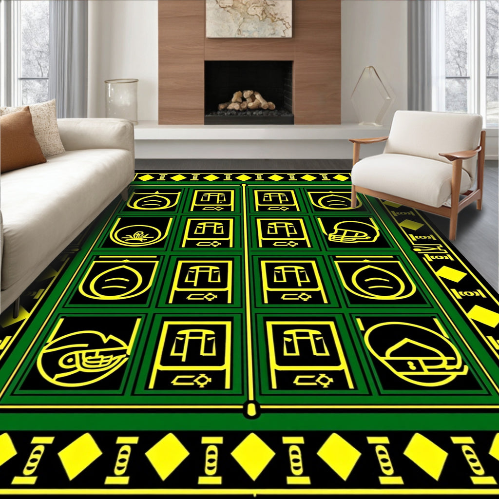 Green Black Yellow Emblematic Grid Rug
