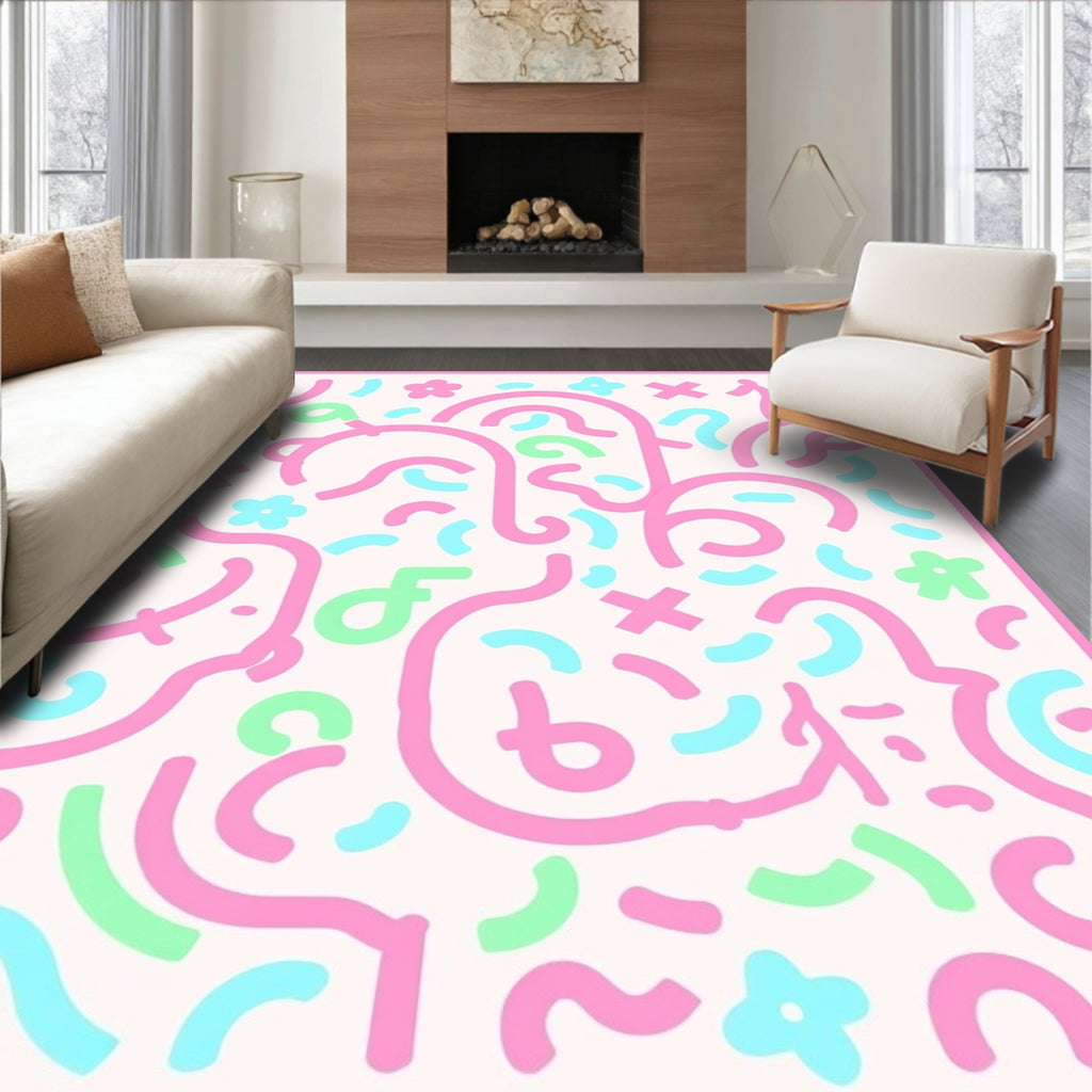 Pink Blue Green Abstract Doodle Rug