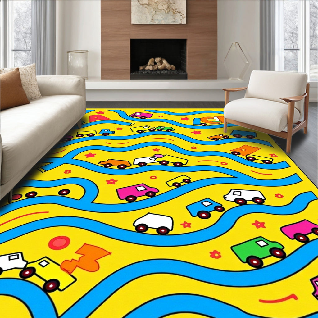 Bright Yellow Blue Cars Road Playtime Rug