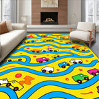 Bright Yellow Blue Cars Road Playtime Rug