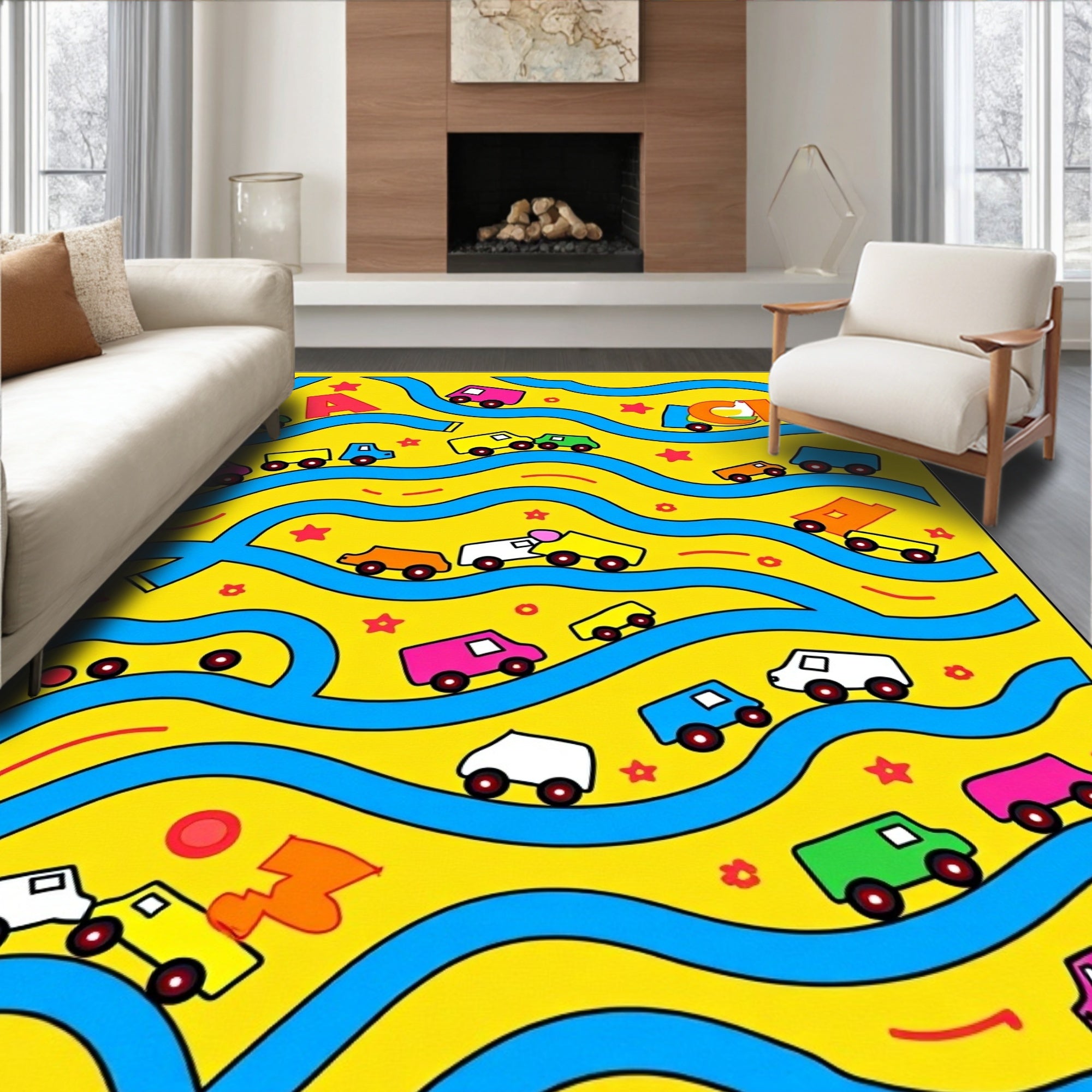 Bright Yellow Blue Cars Road Playtime Rug