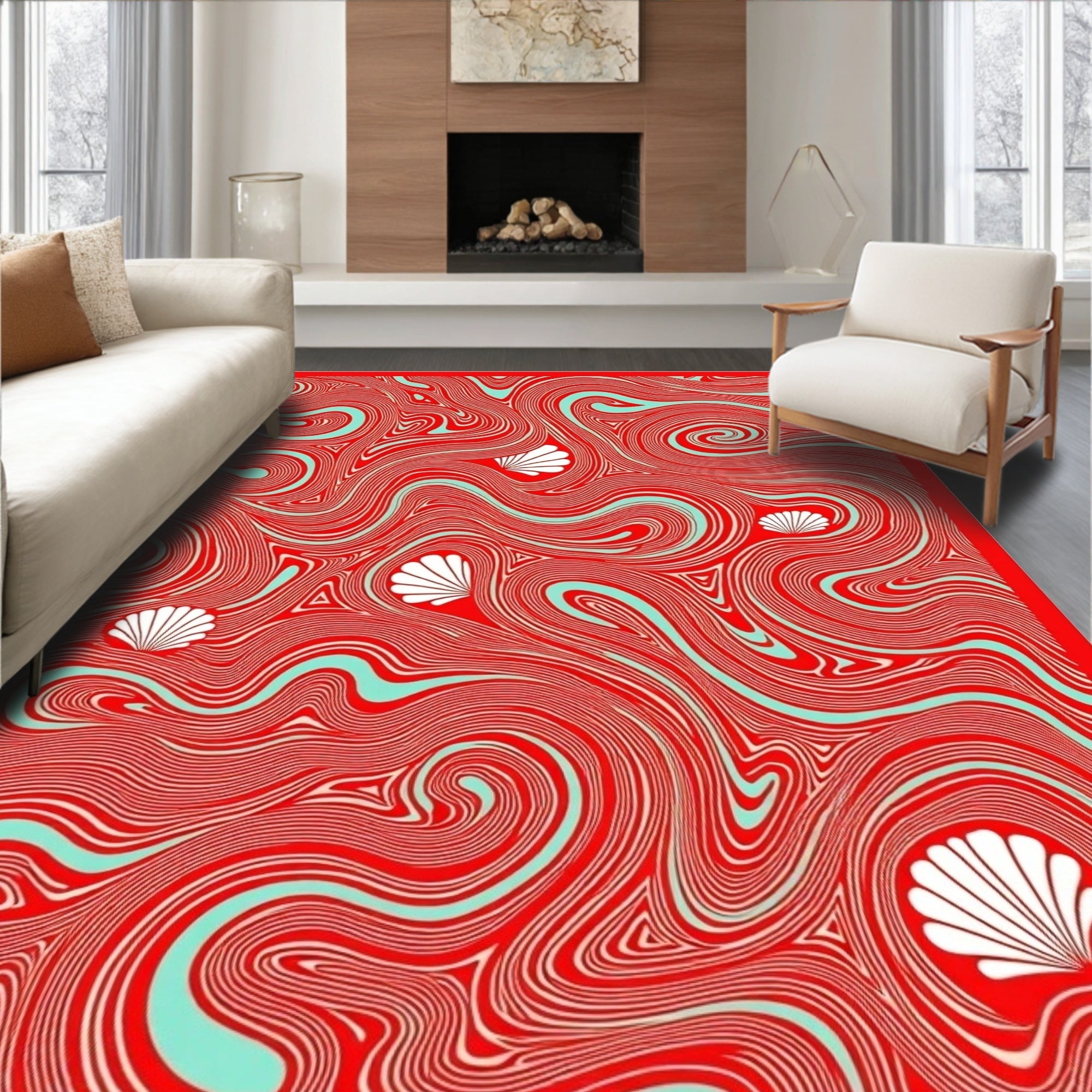 Crimson Swirl Shell Ocean Rug