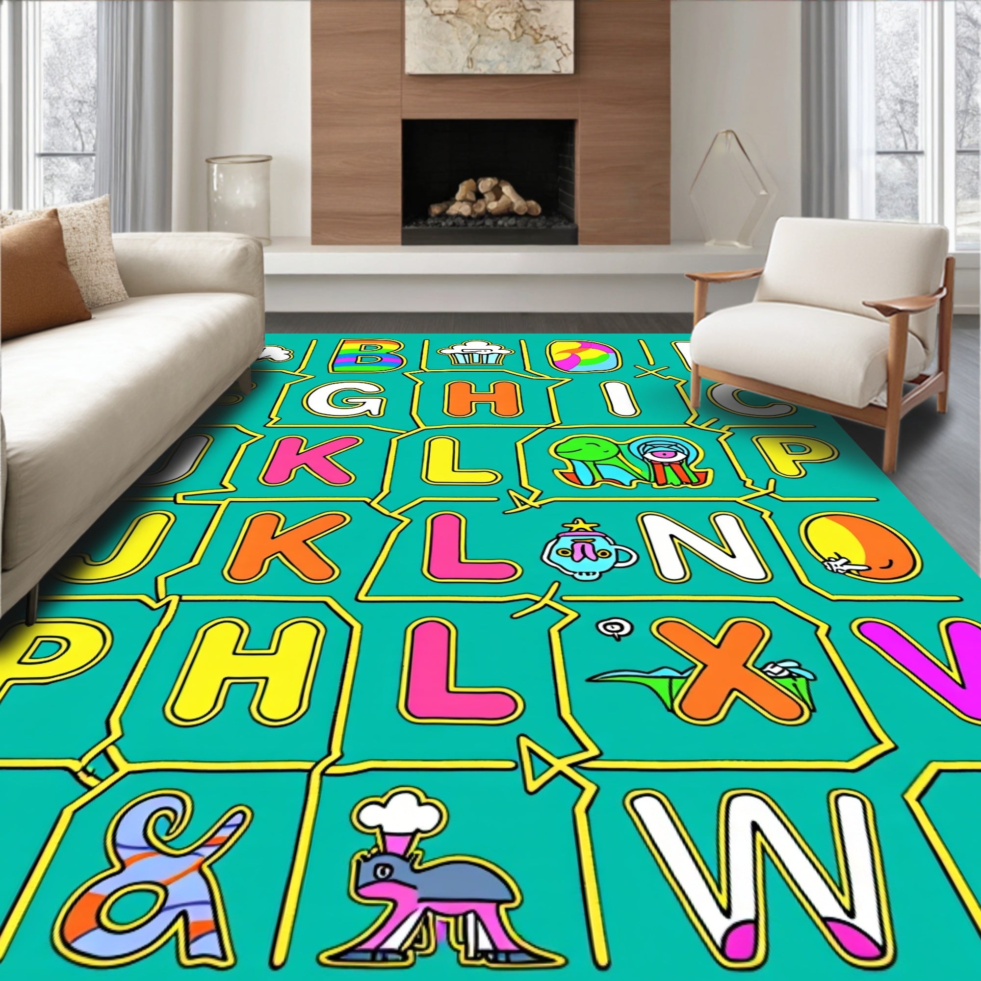 Playful Alphabet Creatures Cartoon Rug