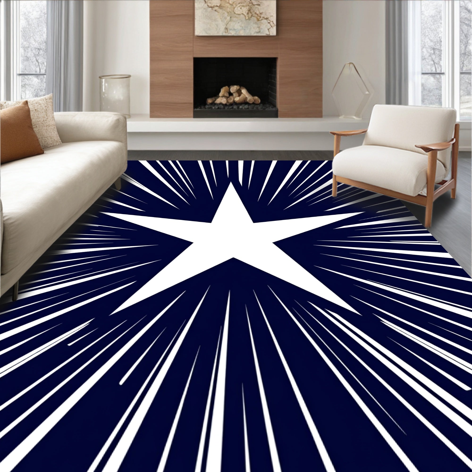White Star Burst Navy Rug