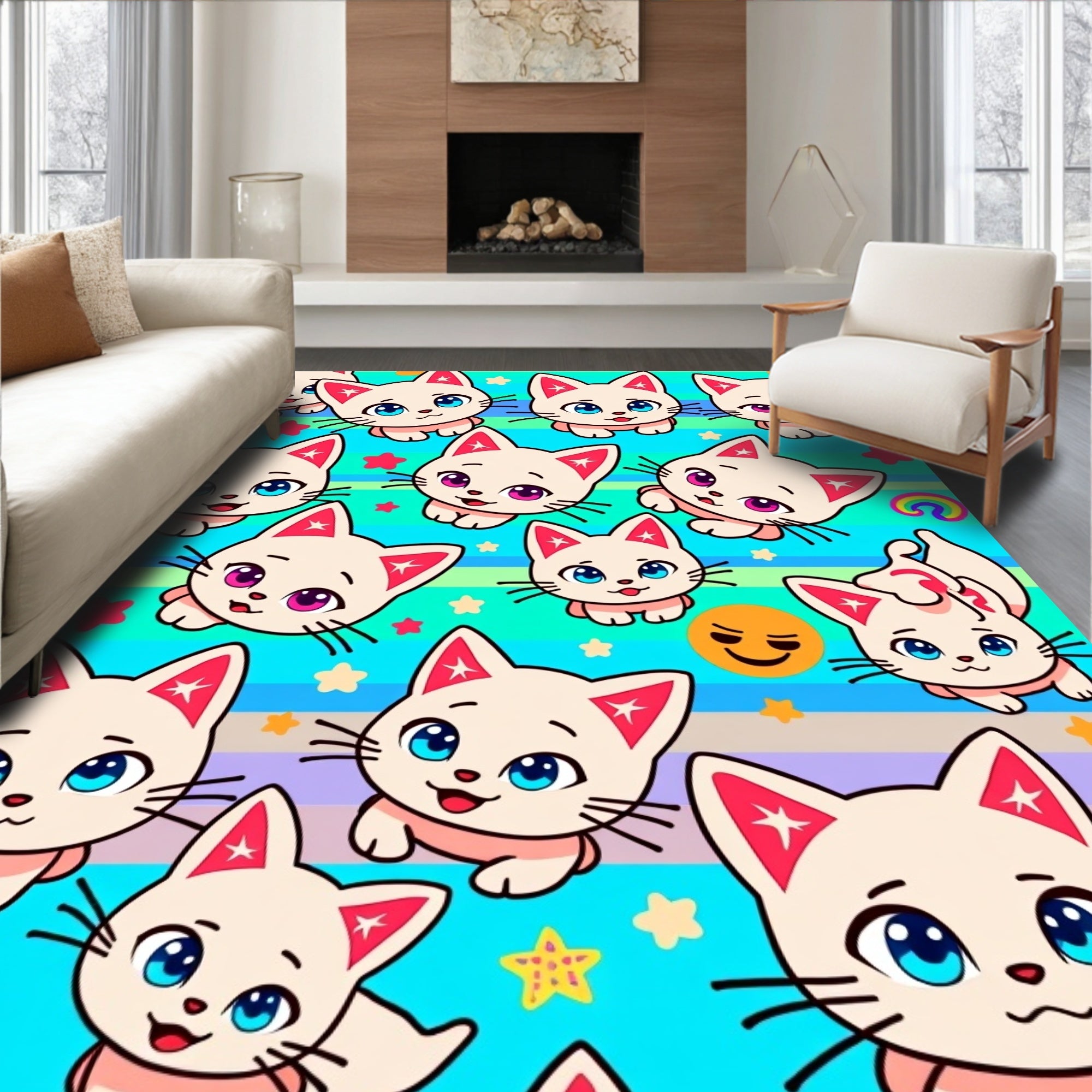 Cute Kitten Rainbow Striped Playful Rug
