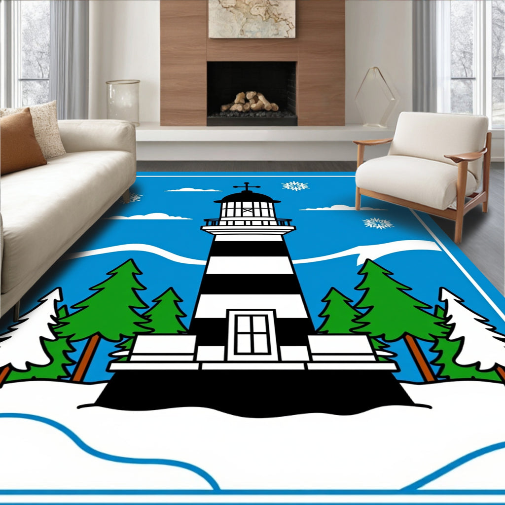 Coastal Winter Lighthouse Snowflakes Scene Rug