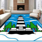 Coastal Winter Lighthouse Snowflakes Scene Rug