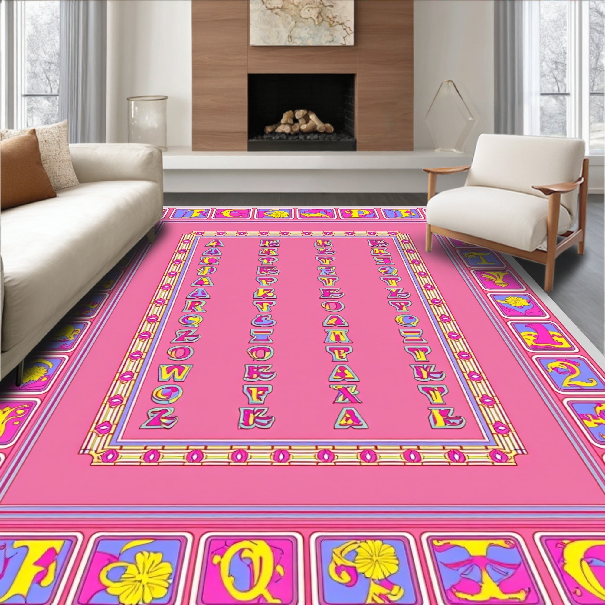 Fun Alphabet Pink Border Rug