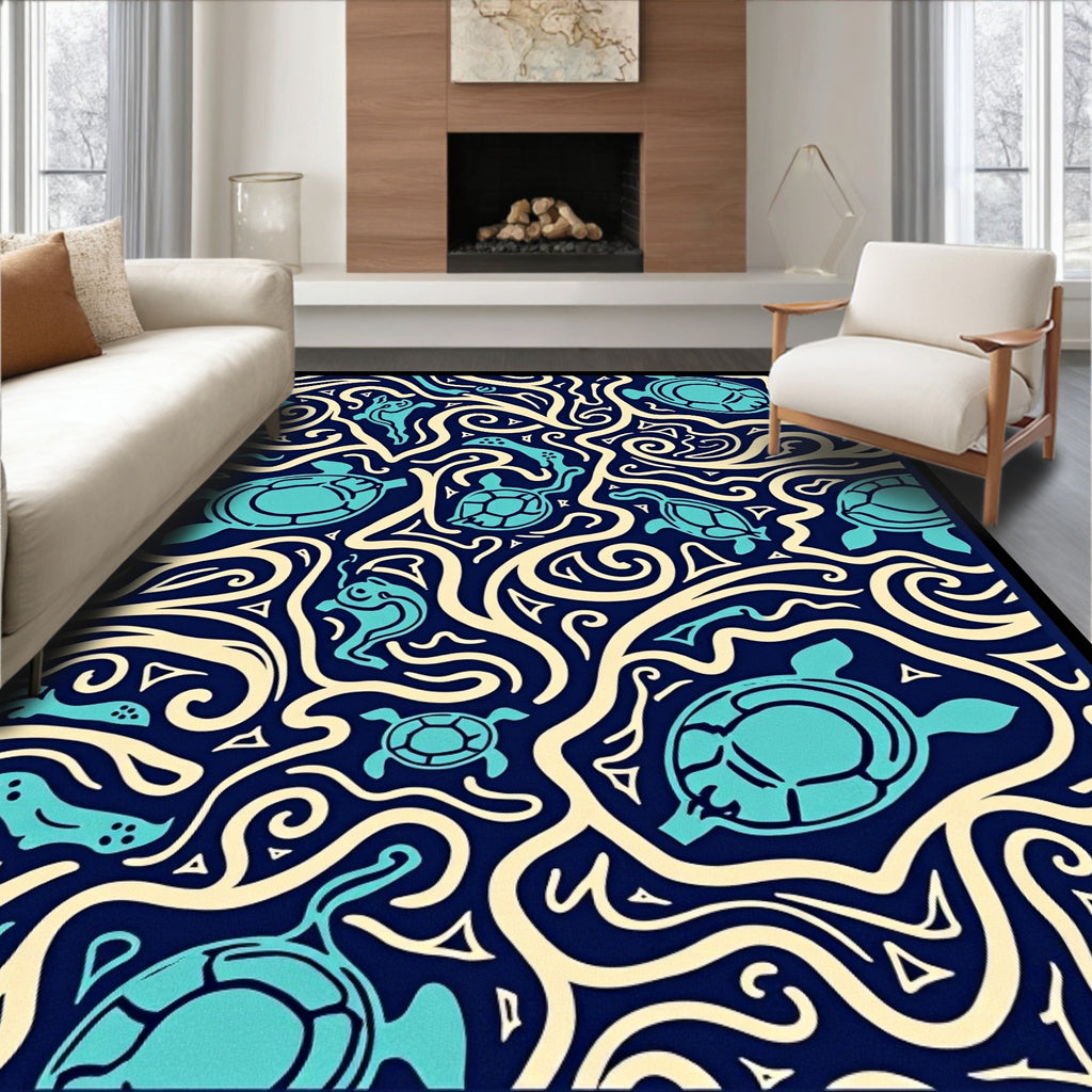 Turquoise Turtle Waves Navy Cream Rug