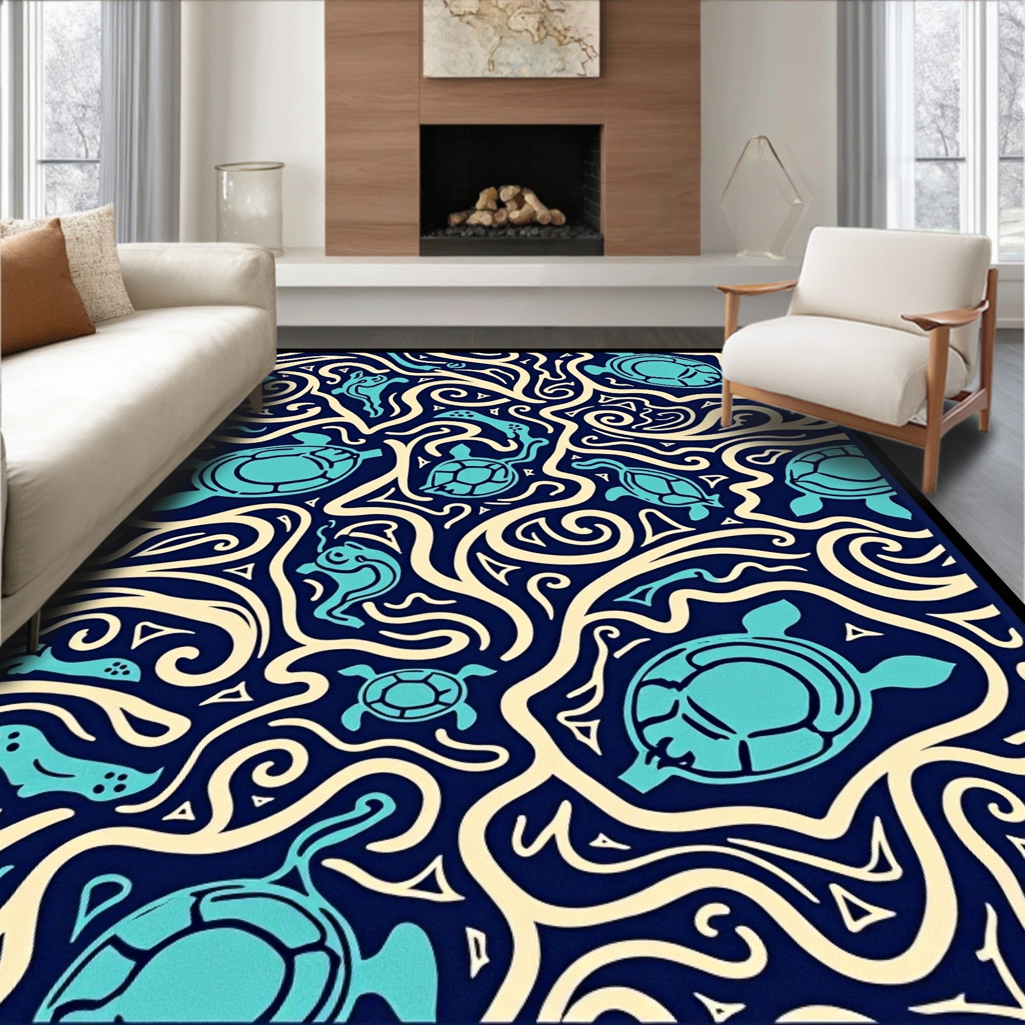 Turquoise Turtle Waves Navy Cream Rug