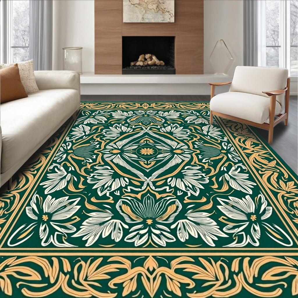 Emerald Art Nouveau Floral Scroll Rug