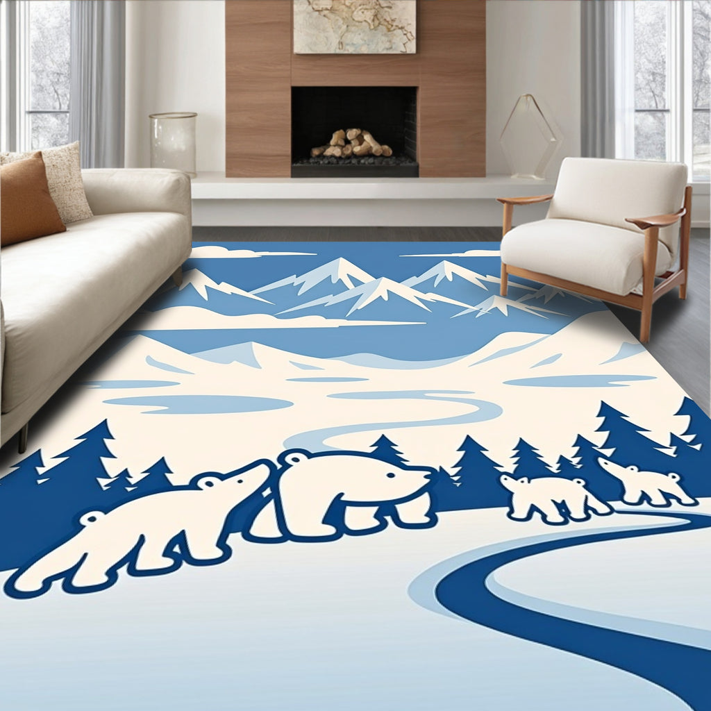 Polar Bear Family Snowy Mountain Vista Rug
