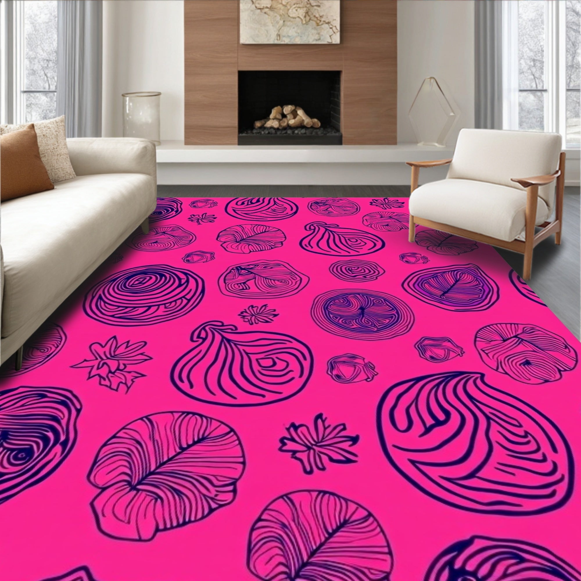 Hot Pink Onion Botanical Line Art Rug