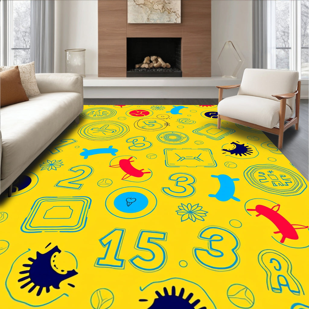 Playful Yellow Blue Red Figures Rug