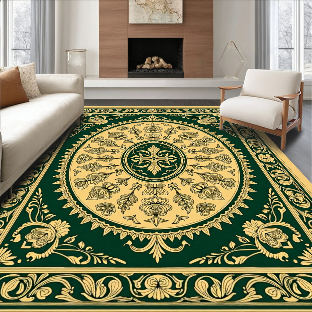 Emerald Gold Floral Border Medallion Rug