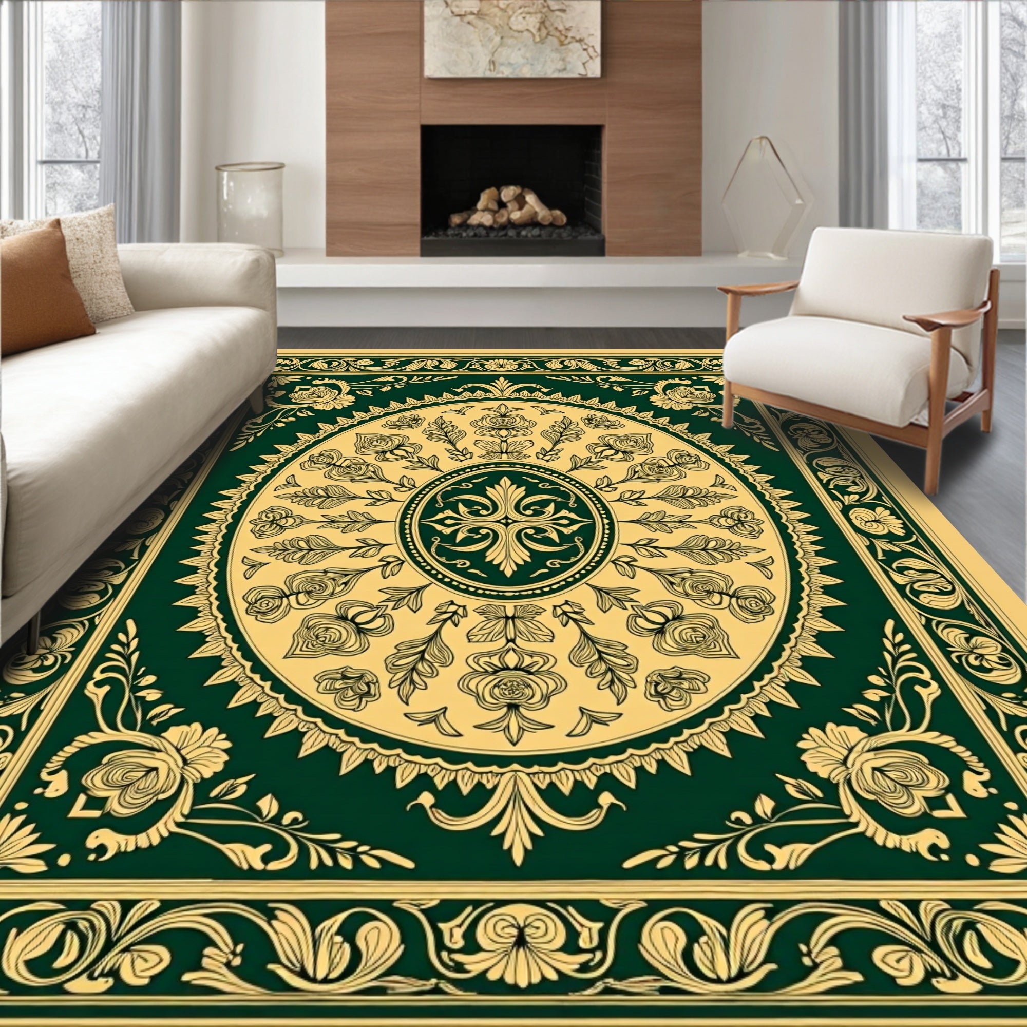 Emerald Gold Floral Border Medallion Rug