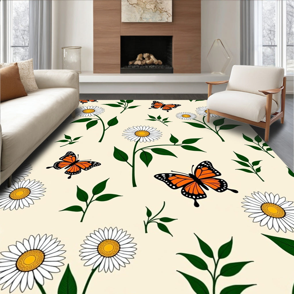 White Daisy Butterfly Garden Scene Rug