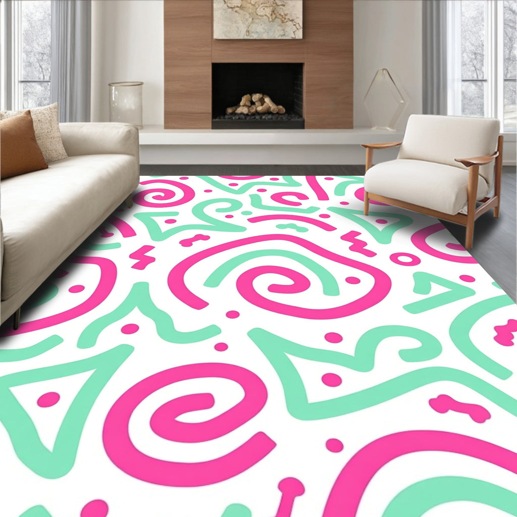 Retro Pink Aqua Swirls Geometric Rug