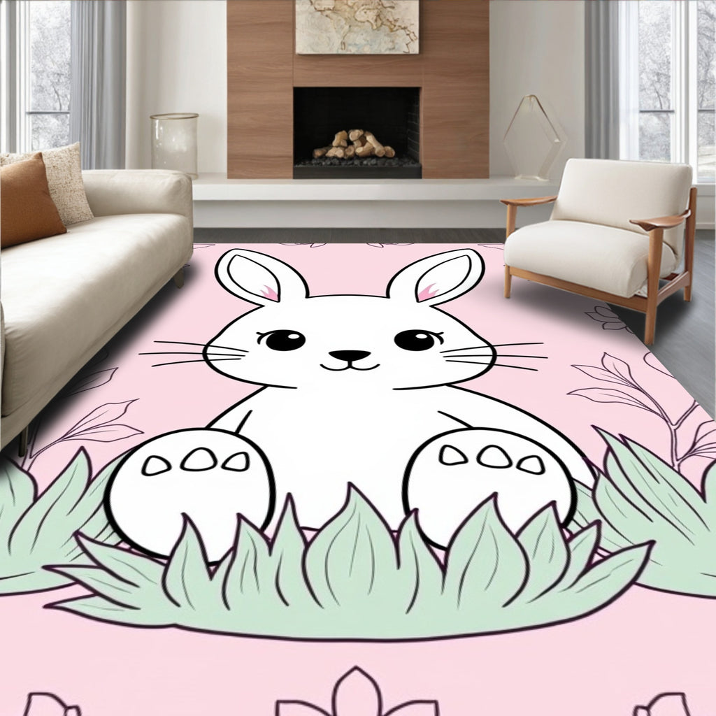 Cute White Bunny In Pink Garden Rug