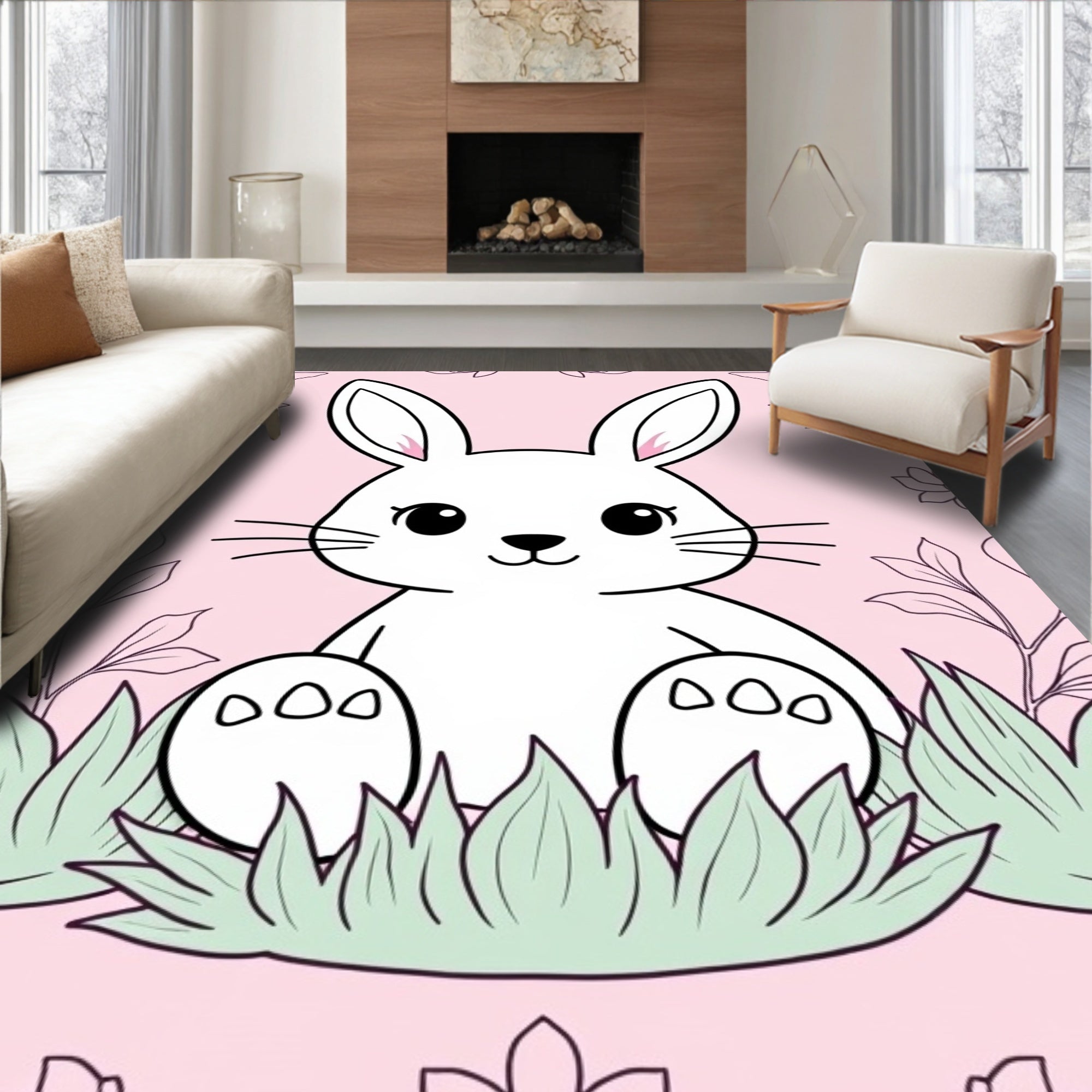 Cute White Bunny In Pink Garden Rug