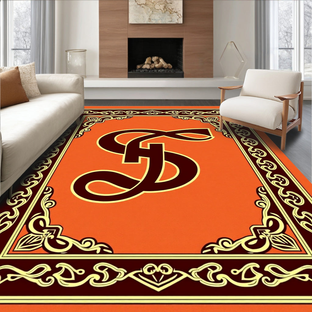 Ornate Orange Emblem Border Rug