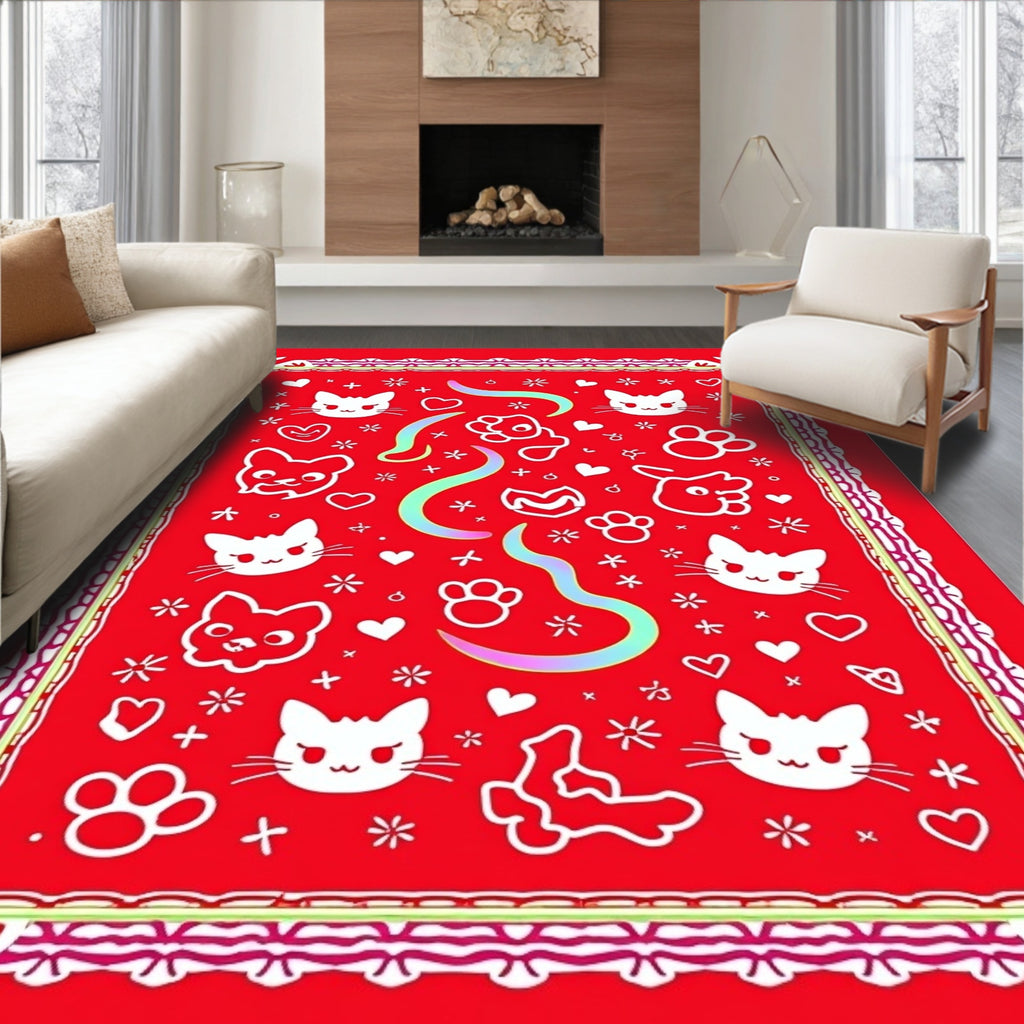 Cute White Cats Red Background Artwork Rug