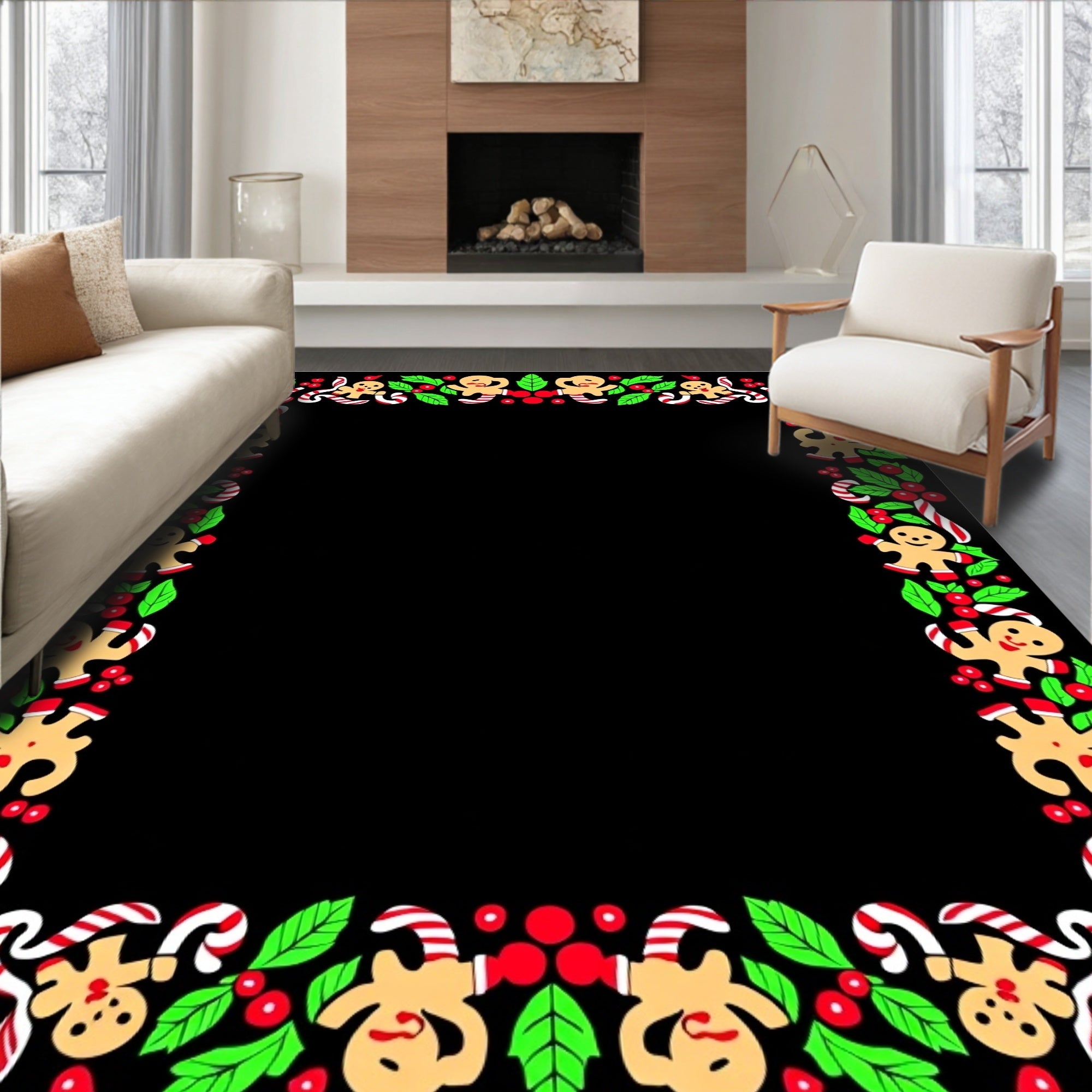 Festive Gingerbread Candy Cane Holly Border Rug