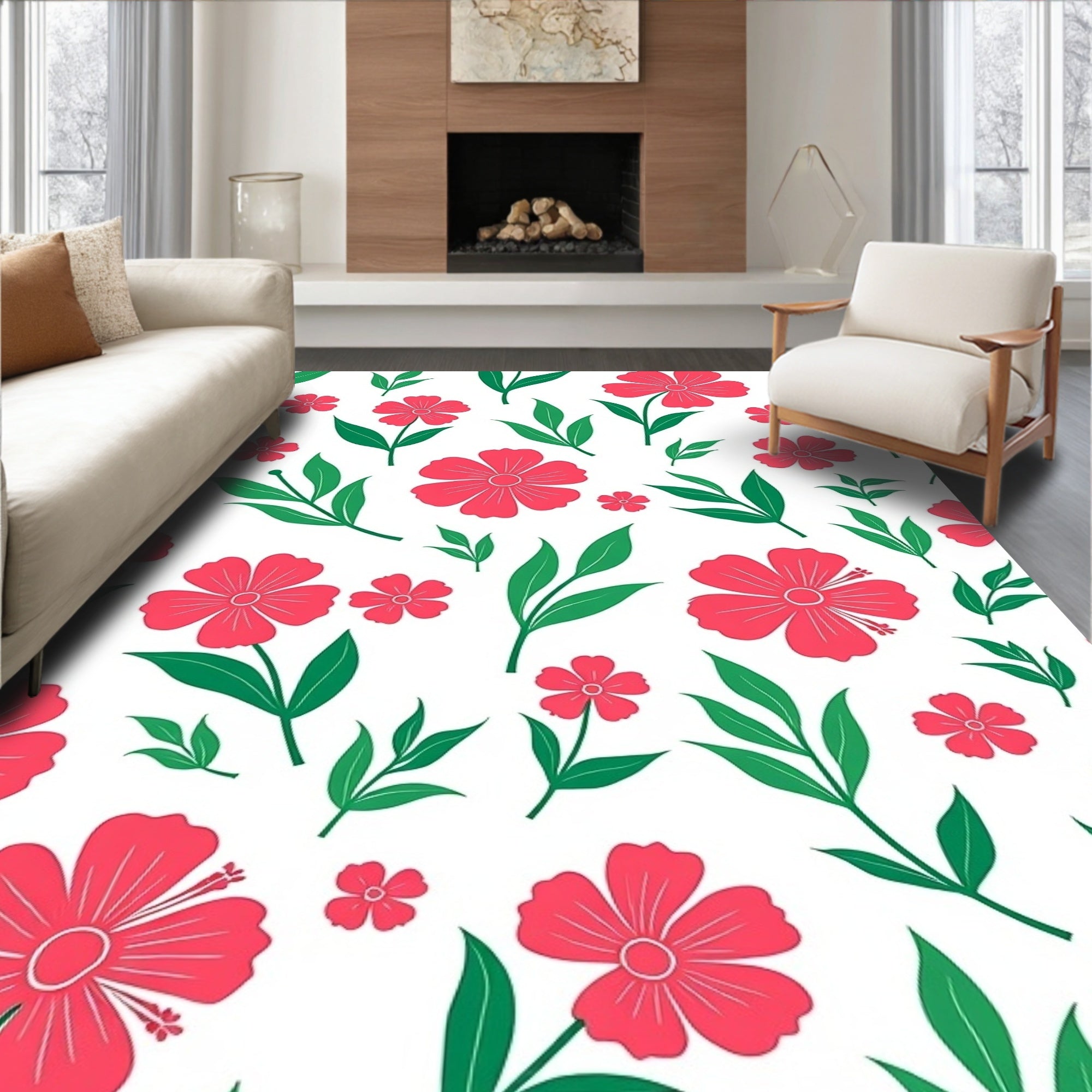 Coral Pink Floral Branches Rug