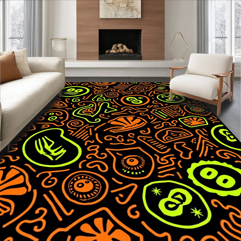 Neon Orange Lime Abstract Doodle Rug